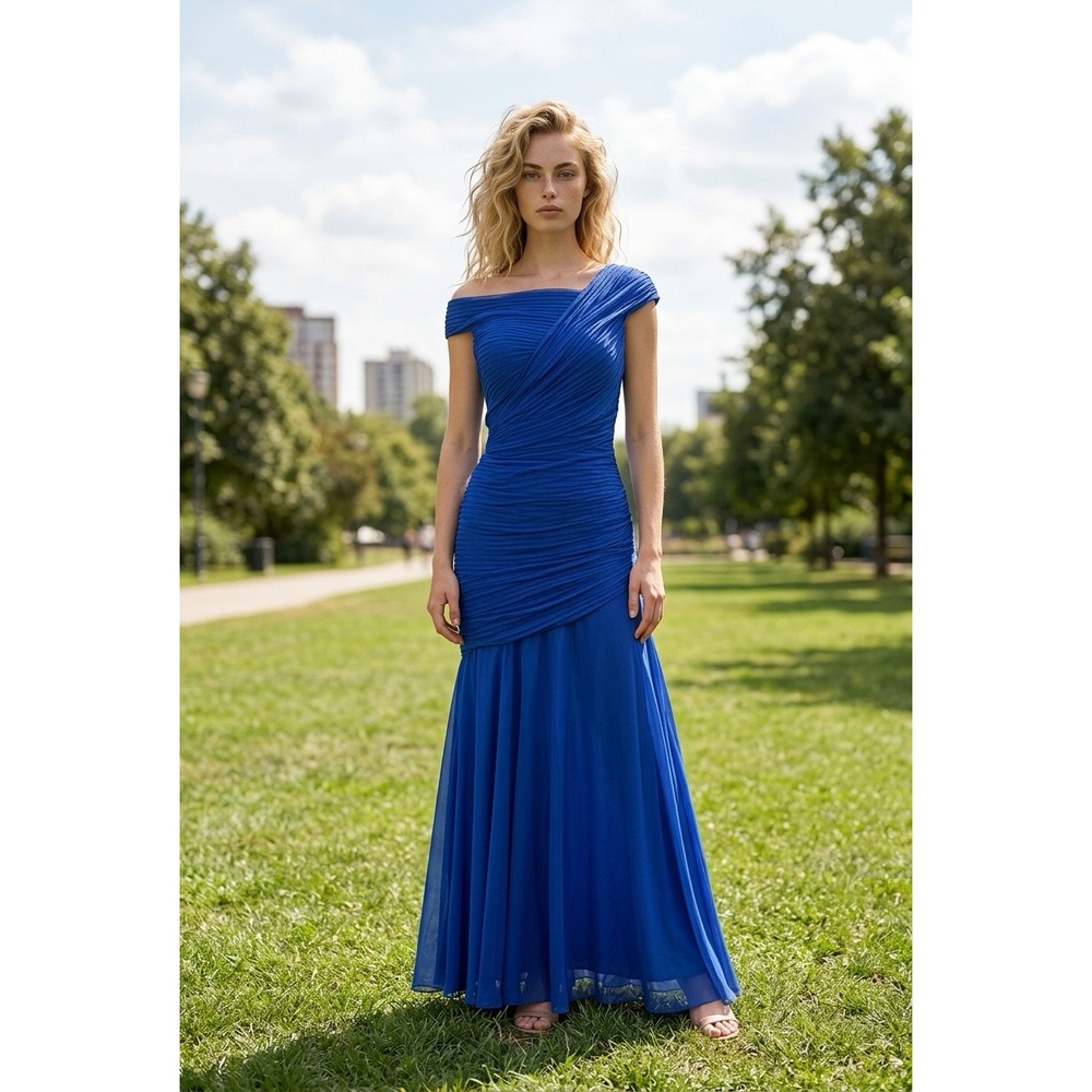 Tadashi Shoji Royal Blue Pintuck‎ Pleated Off Shoulder Evening Gown FY542LX 4